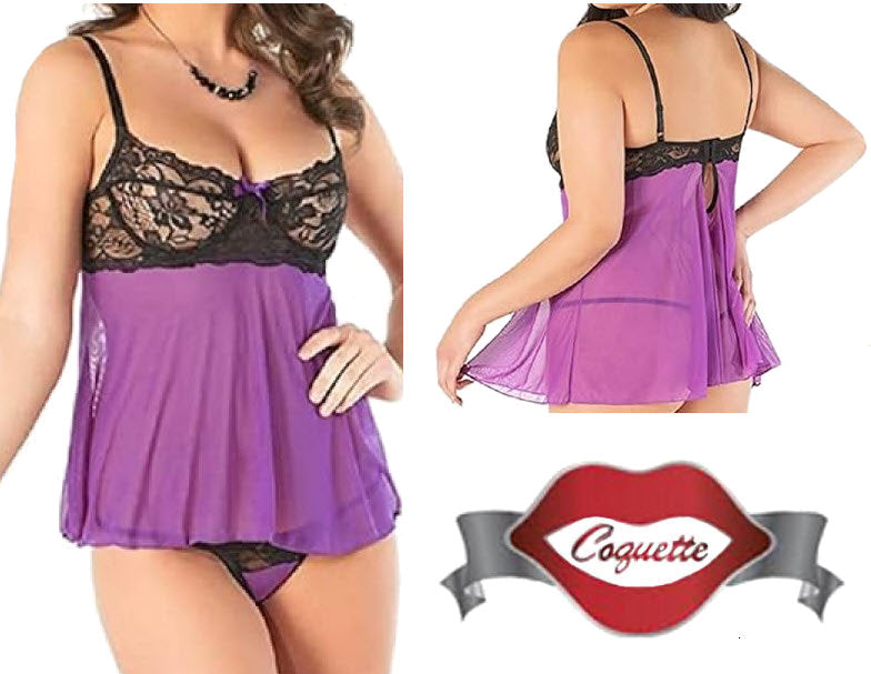 Underwire Babydoll Set Black/Purple Large