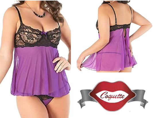 Underwire Babydoll Set Black/Purple Large