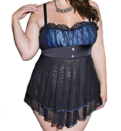 Babydoll & G-String Black/Blue XL
